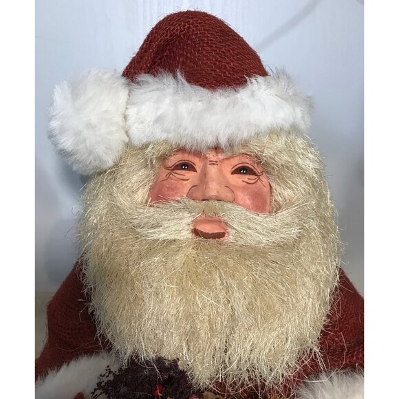 Vintage Styrofoam Rustic Santa Claus Figurine Faux Floral Basket & Jute Coat 16" - Picture 2 of 13